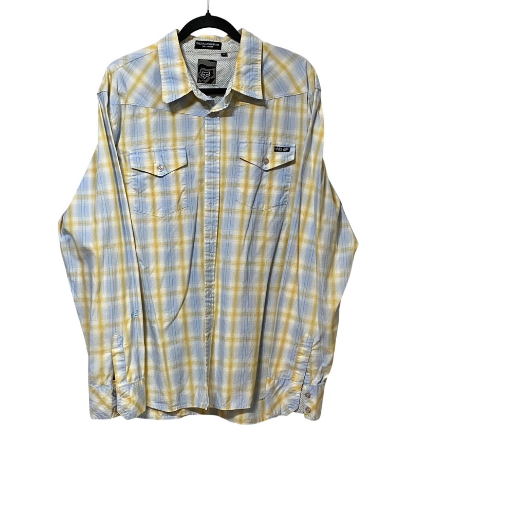 Fox Racing Mens XL Plaid Western Button Up Shirt Blue Yellow Long Sleeve Cotton